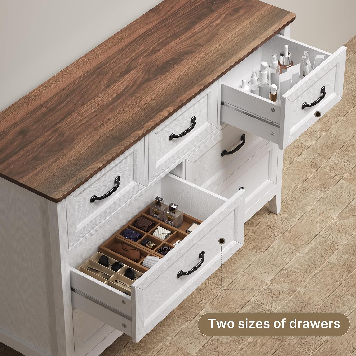 Gizoon Farmhouse 7 Drawers Dresser, White Chest Of Drawers With Metal Handles, 47" Wide Wooden Storage Organizer For Bedroom, Hallway, Living Room, Tabletop-Retro