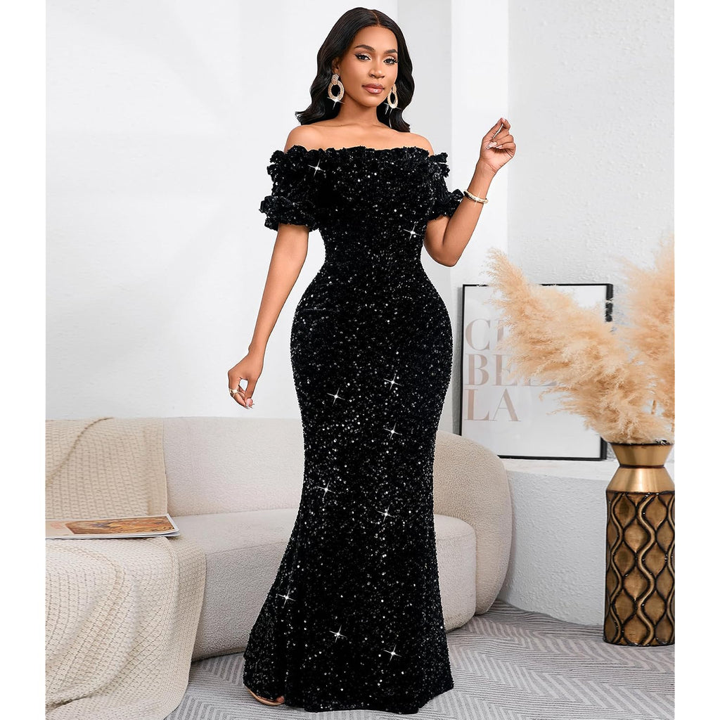 Dasmzper Women Sexy Sequin Off Shoulder Ruffle Short Sleeve Bodycon Mermaid Party Formal Evening Maxi Dress