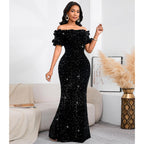 Dasmzper Women Sexy Sequin Off Shoulder Ruffle Short Sleeve Bodycon Mermaid Party Formal Evening Maxi Dress