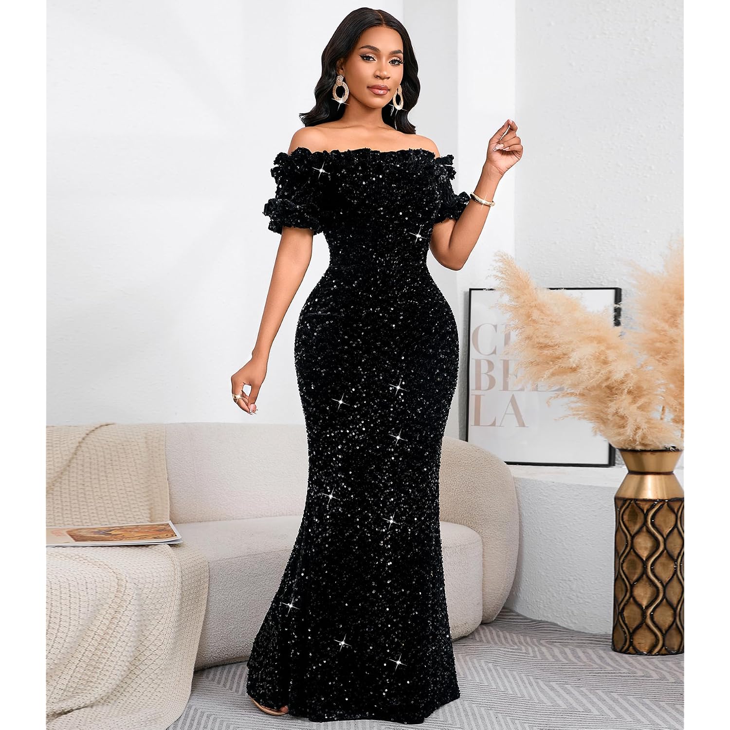 Dasmzper Women Sexy Sequin Off Shoulder Ruffle Short Sleeve Bodycon Mermaid Party Formal Evening Maxi Dress