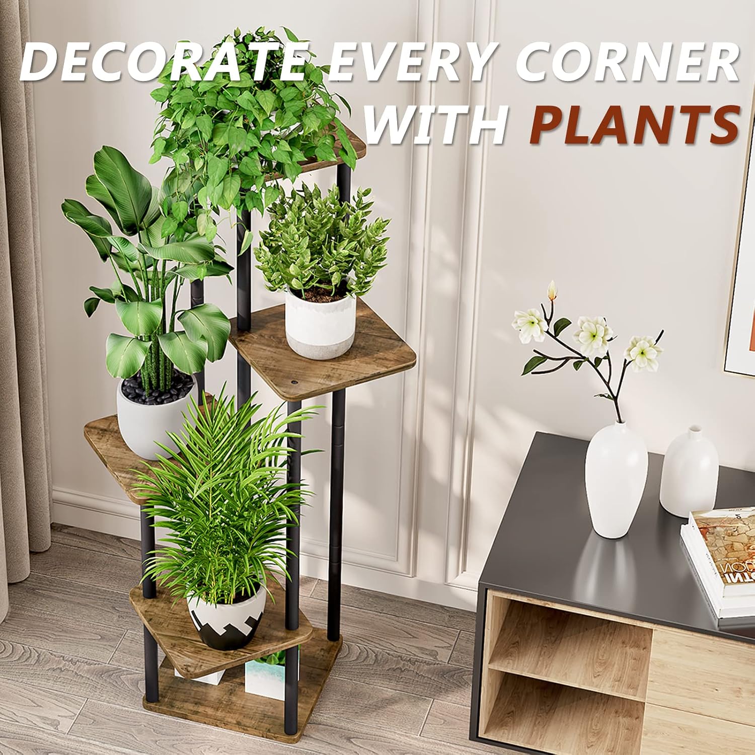 Plant Stand 5 Tier Indoor Metal Flower Shelf For Multiple Plants Corner Tall Flower Holders For Patio Garden Living Room Balcony Bedroom, Black (5 Tier-Black)