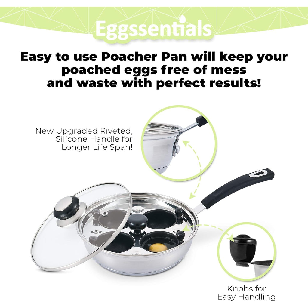Egg Poacher - Eggssentials Poached Egg Maker, Stainless Steel Egg Poaching Pan, Poached Eggs Cooker Food Grade Safe PFOA Free with Spatula.