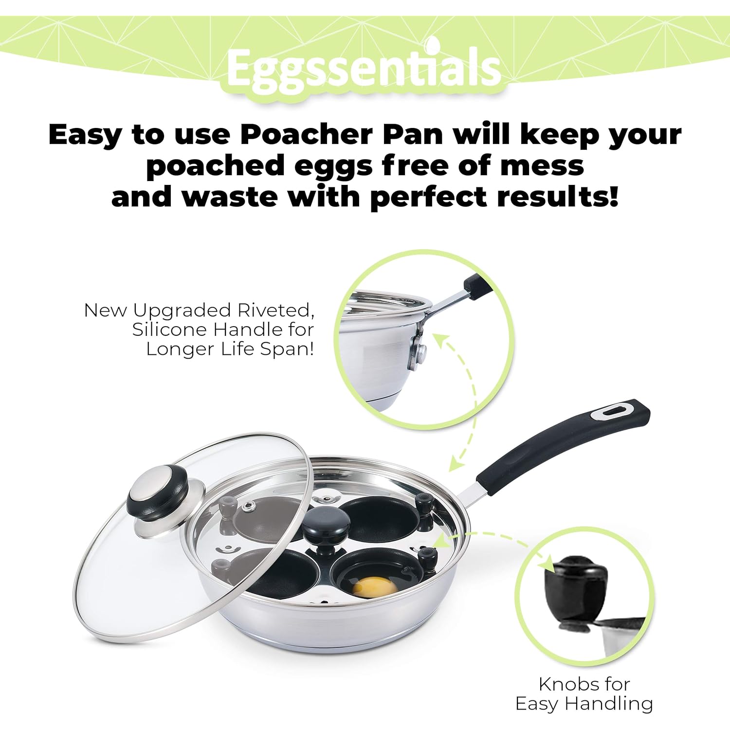 Egg Poacher - Eggssentials Poached Egg Maker, Stainless Steel Egg Poaching Pan, Poached Eggs Cooker Food Grade Safe PFOA Free with Spatula.