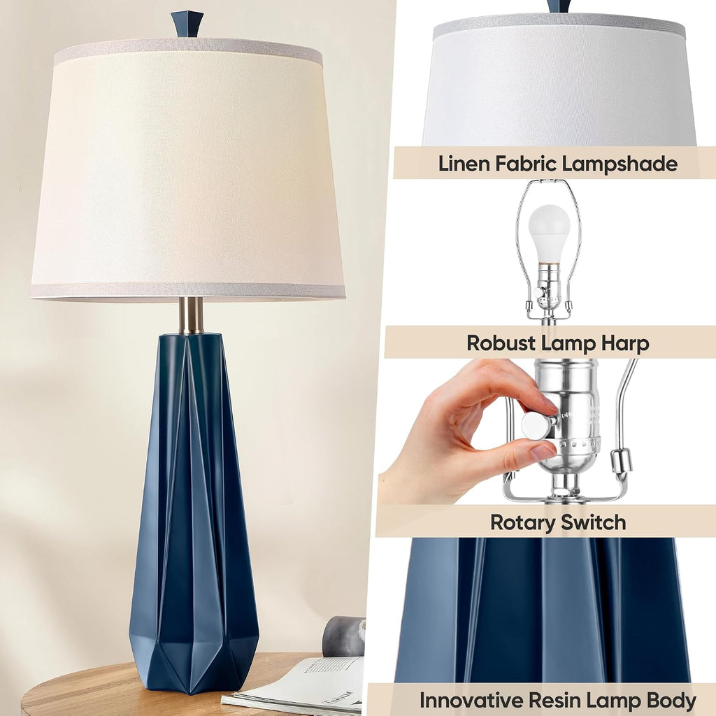27'' Navy Blue Resin Table Lamps, Desk Lamps With 3 Color Temperature | Prism-Shaped Lamp Body, Rotary Switch, E26 Base, With Linen Shade, Desk Lamps For Living Room, Bedroom, 2 Bulbs Included