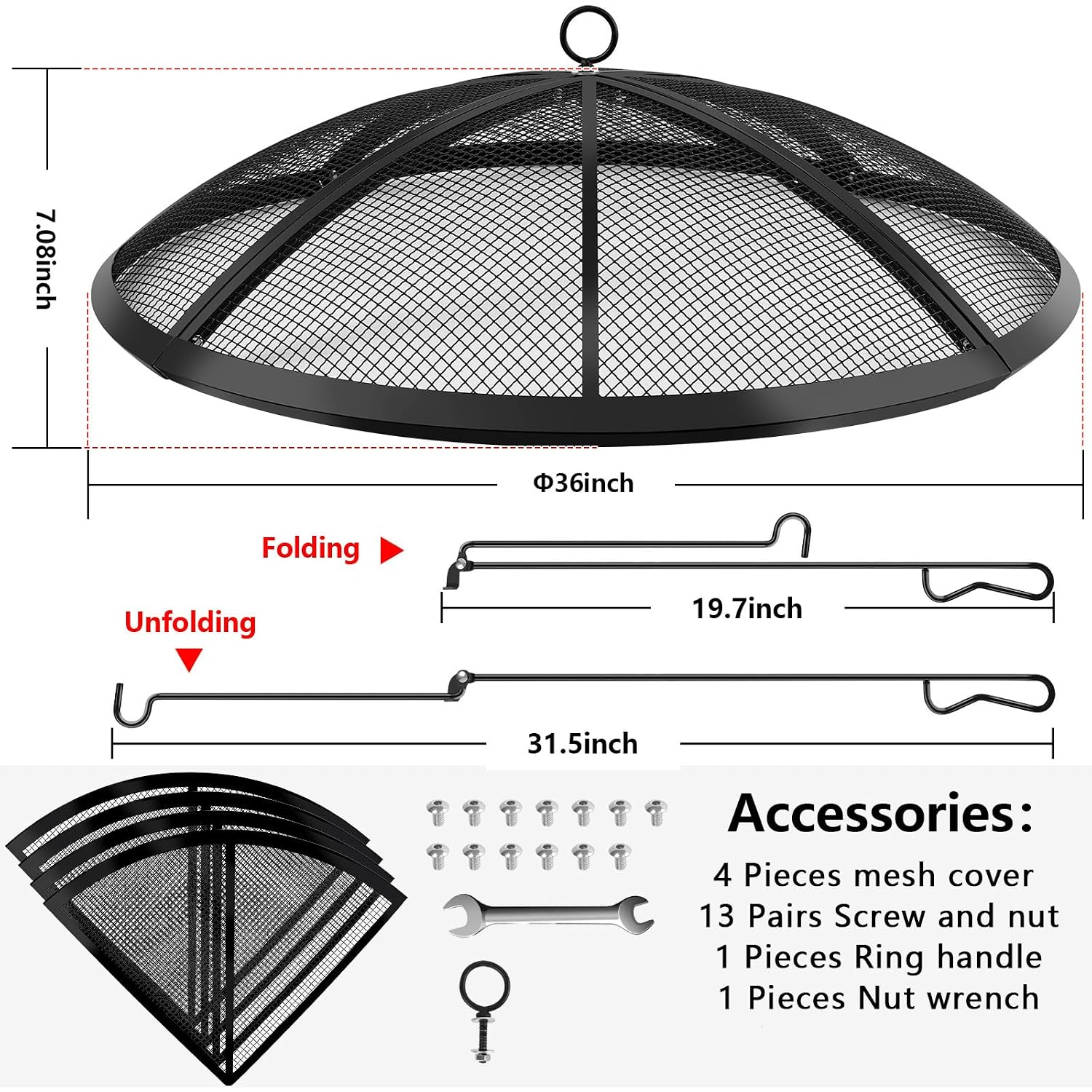 Fire Pit Spark Screen, Fire Pit Screen 36 Inch Round With Handle & Poker, Collapsible Heavy Duty Mesh Fire Pit Cover Fire Pit Lid For Outdoor/Patio/Backyard/Rv Camping/Beach