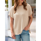 Tankaneo Womens Oversized Short Cap Sleeve Tunic Tops Summer Casual Textured Ribbed Knit T-Shirts Loose Fit Tees