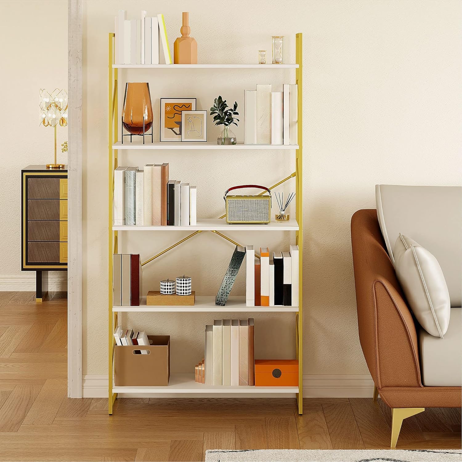 Yitahome 5 Tiers Gold Bookshelf | Modern Wide Bookcase, Large Book Rack, Storage Rack Shelves In Bedroom/Living Room/Home/Office, Books Holder Organizer