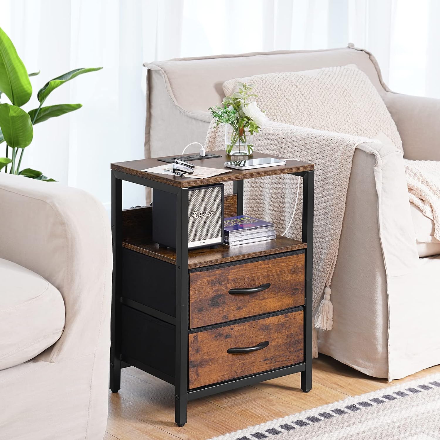 Yoobure Nightstand With Charging Station, Small Night Stand With Fabric Drawers And Storage Shelf For Bedrooms, Small Spaces, Bedside Table With Usb Ports & Outlets