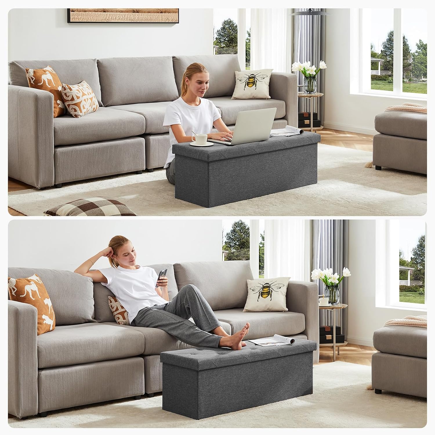Dumos 43 Inch Folding Storage Ottoman Bench, Large Hidden Storage Chest With Thicker Foam Padded Seat, End Of Bed Foot Rest Stool For Bedroom Living Room Entryway, Load 660 Lbs, Grey