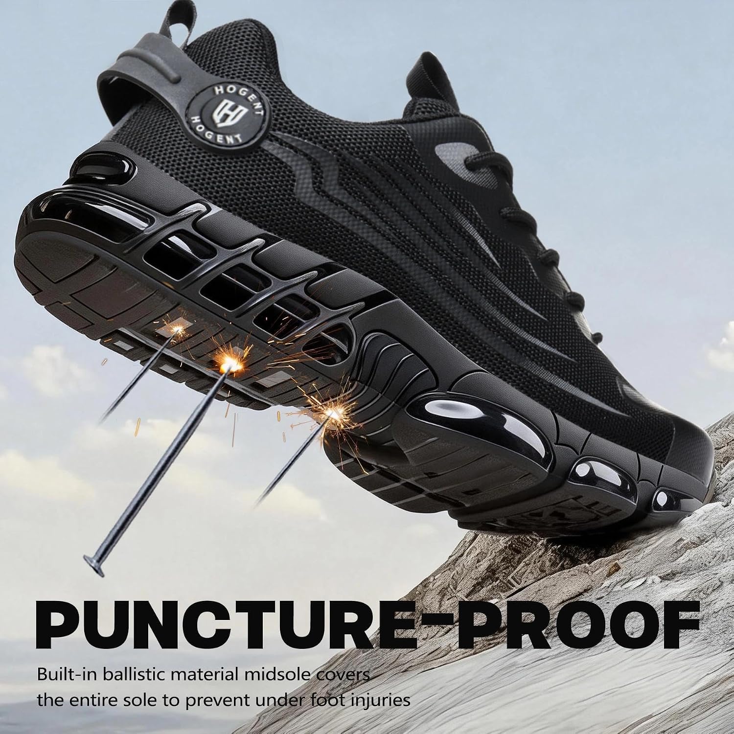 Hogent Steel Toe Shoes For Men Women, Ultra Lightweight Premium Comfortable Work Sneakers, Puncture Proof Air Cushioned All‑Day Wear Safety Toe Shoes For Industrial Construction Warehouse Factory Work