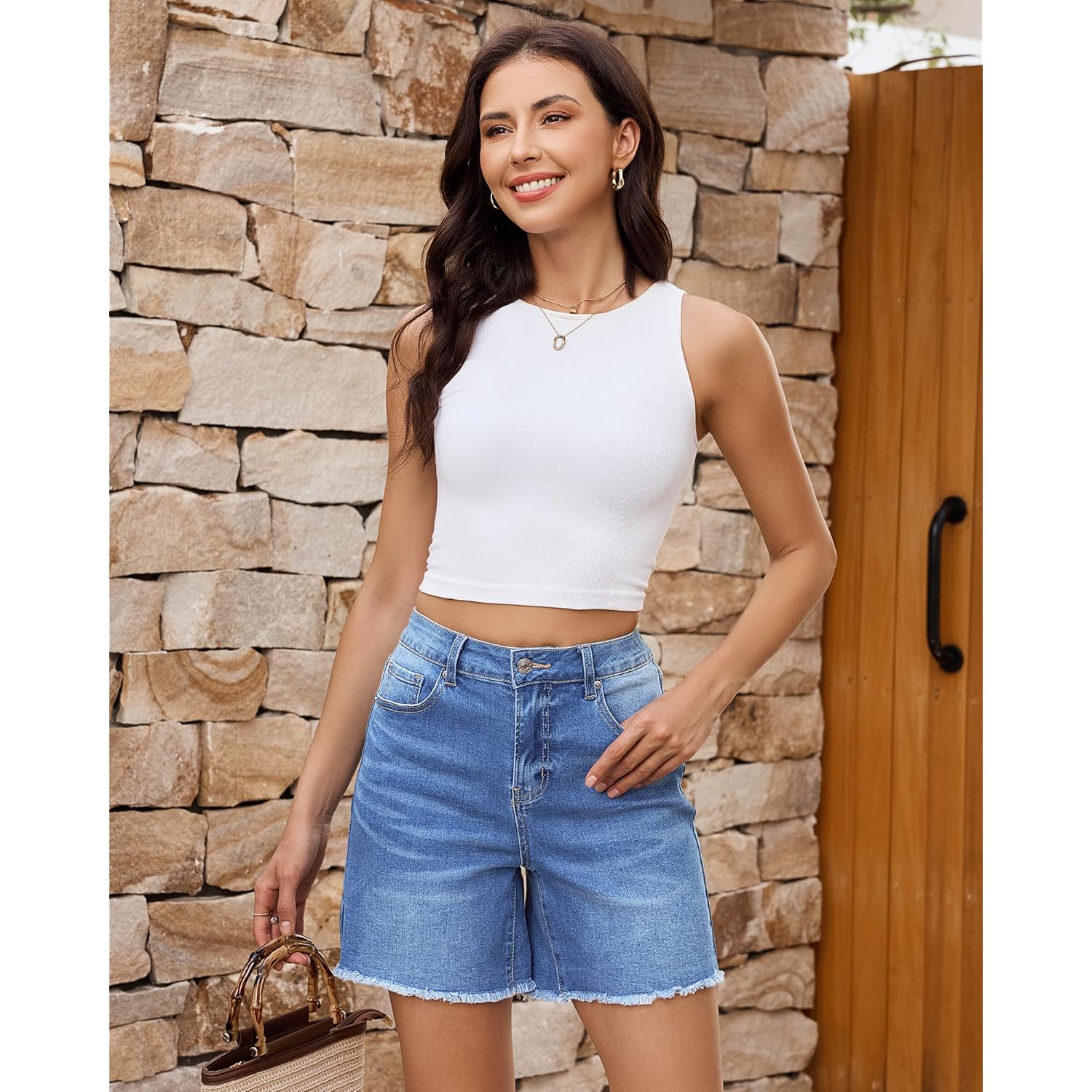 Jean Shorts for Women High Waisted Raw Hem Mid Thigh Cut Off Stretchy Denim Shorts Casual Summer Jorts