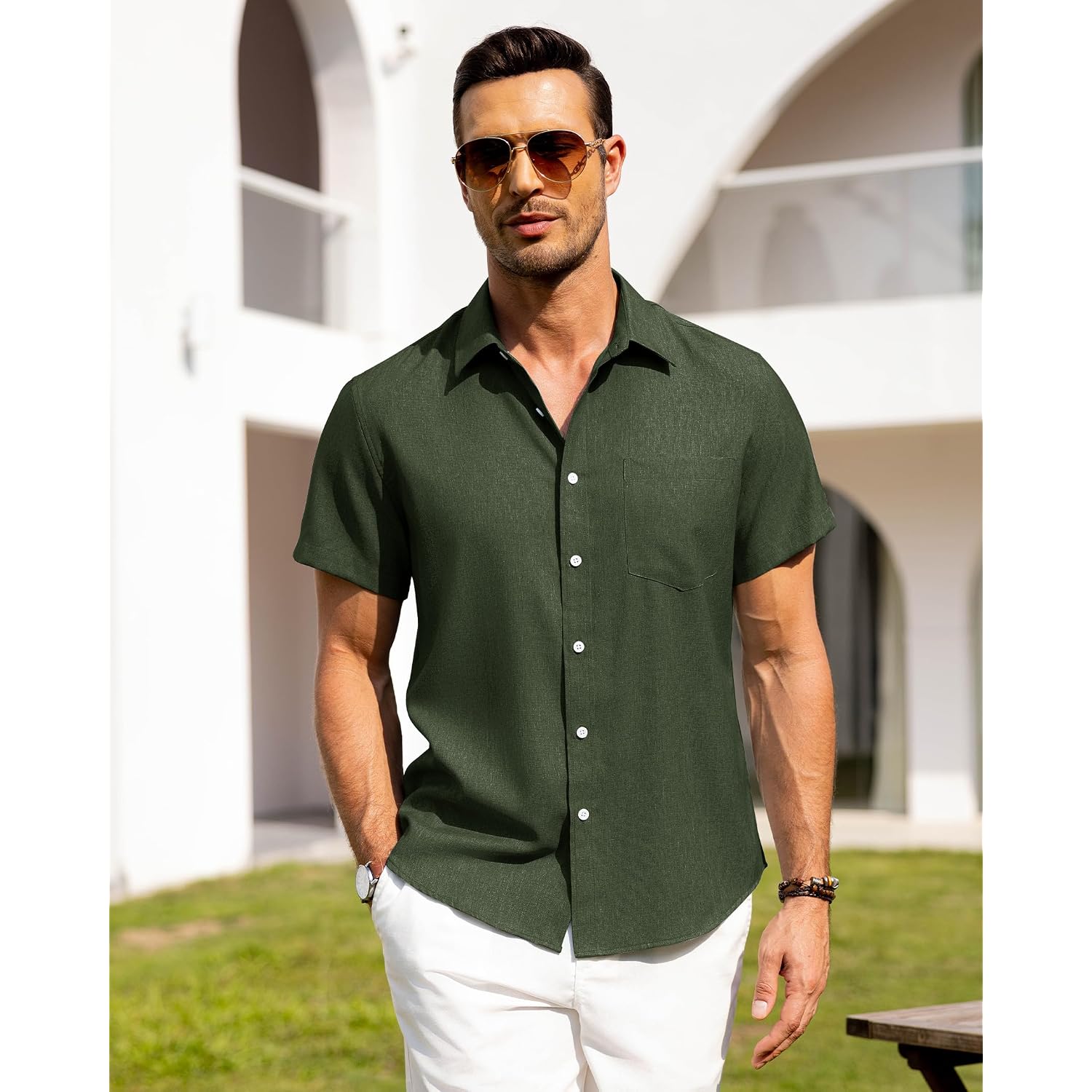 Alimens & Gentle Mens Linen Shirts Short Sleeve Button Down Shirts Wrinkle Free Casual Vacation Beach Summer Tops