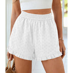 Shorts for Women Summer 2026 Beach Vacation Clothes Spring Elastic Waist Embroidered Ruffle Shorts with Pockets