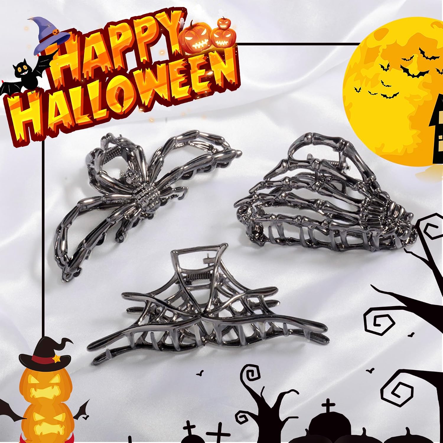 3Pcs Black Spider Web Skeleton Hand Skull Hair Claw Clips For Women And Girls, Hiphop Metal Large Medium Size For Thick Thin Hair, Headband Barrette For Styling Hair Accessories Party Gift (Black Gun)