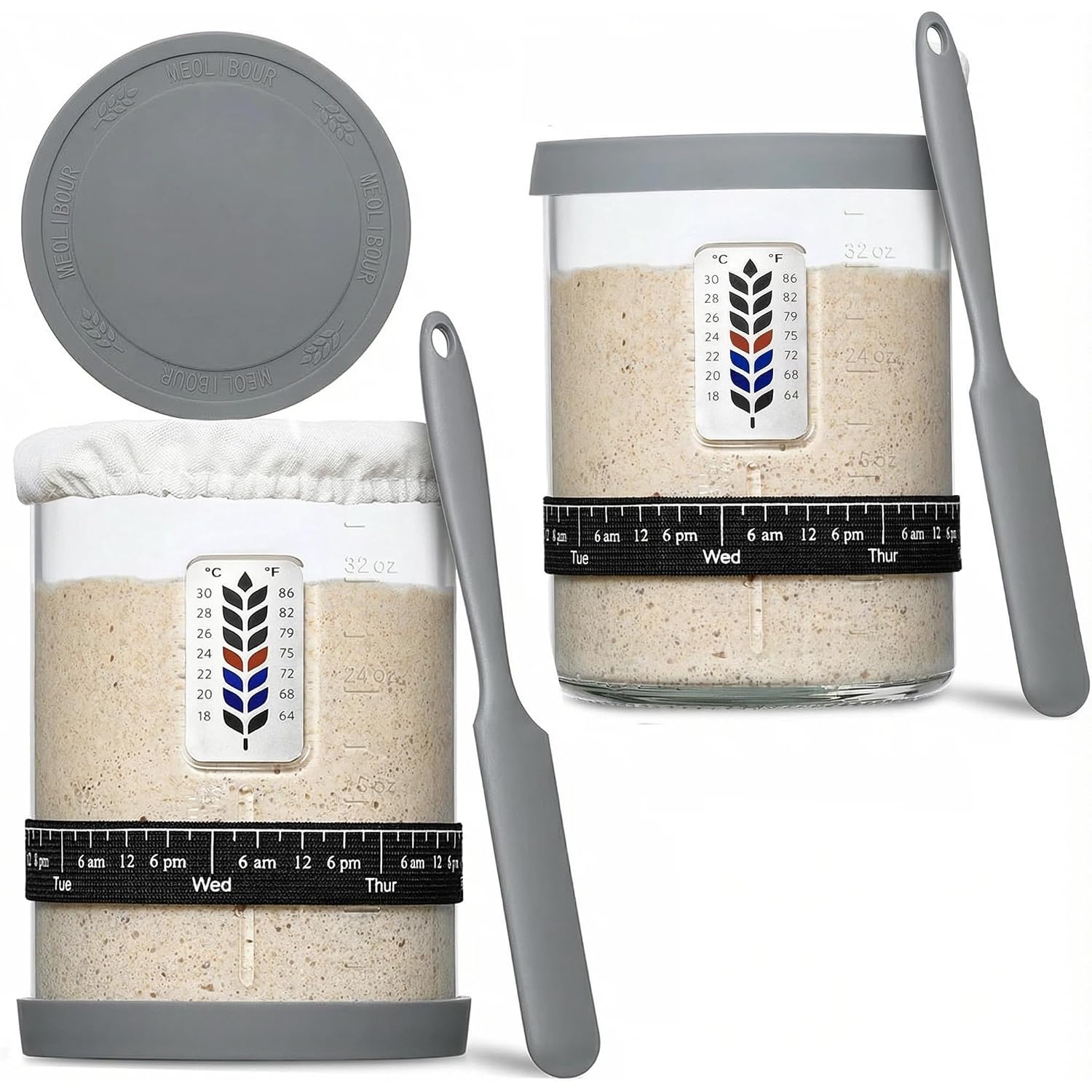 2 Pack Premium Pro Sourdough Starter Jar Kit - 40Oz Large Wide Mouth Sourdough Bread Jar With Marked Feeding Band, Thermometer, Scraper, Cloth Cover & Silicone Lid/Base, Glass Container, Baking Supply