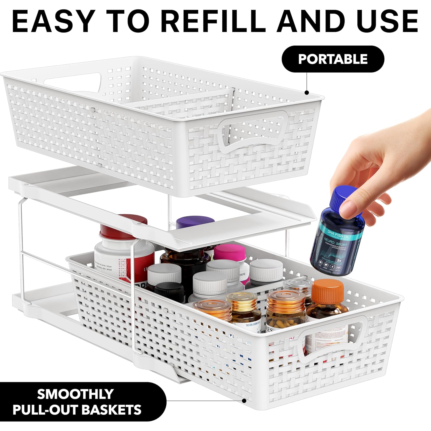 Simple Houseware 2 Tier Pull-Out Sliding Drawer Under Sink Storage, White | Great For Kitchen Bathroom Tray Shelf Organizer