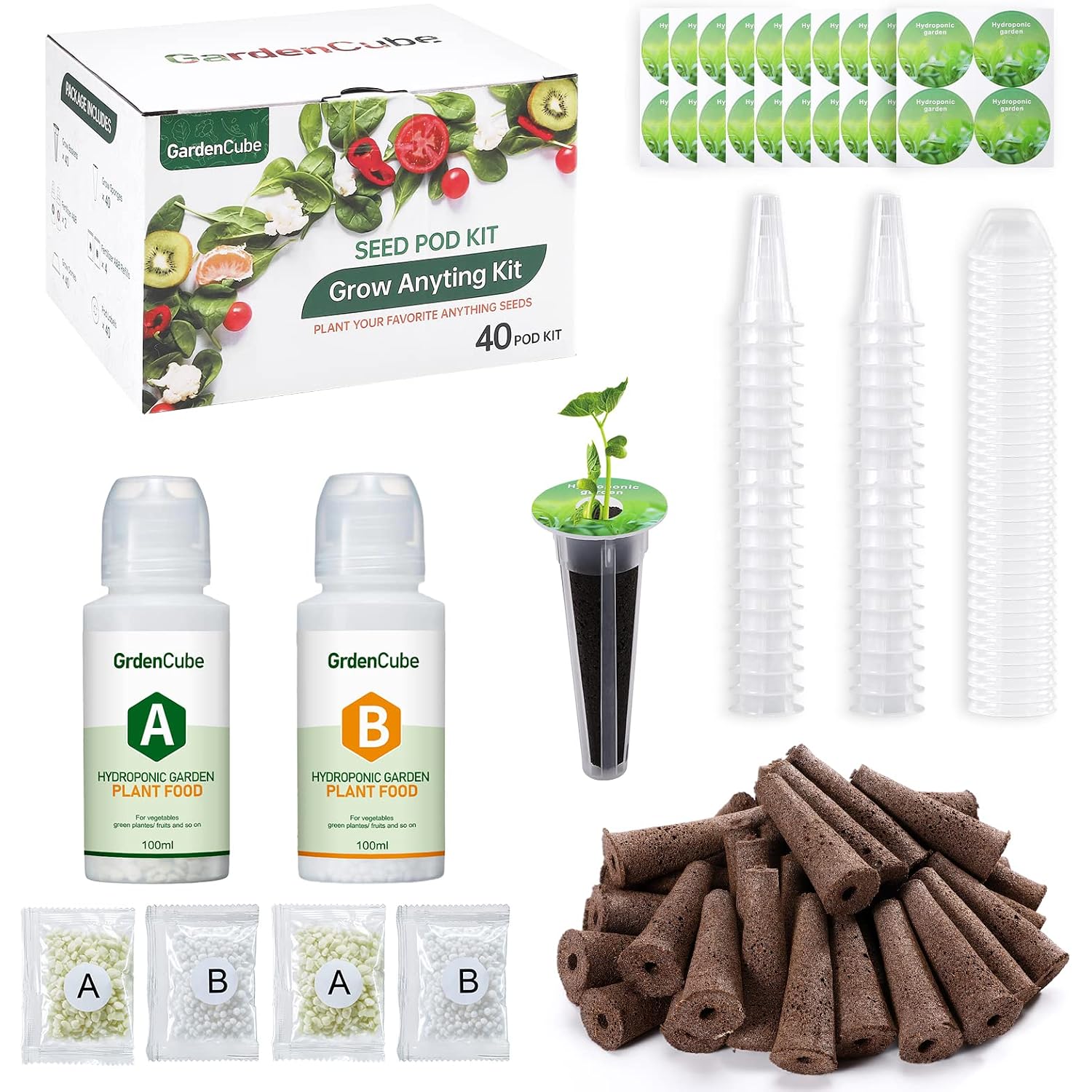 166Pcs Hydroponics Pods Kit Compatible With Aerogarden | 40 Sponges, 40 Baskets, 40 Domes, 40 Pod Labels, 600Ml A&B Nutrients, Tweezer, Grow Anything Supplies For Most Brands