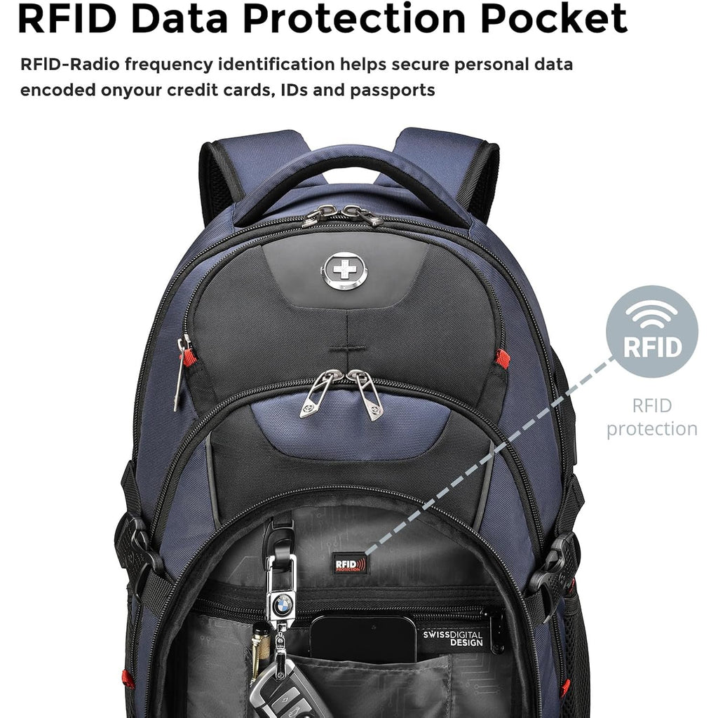 Swissdigital Design Laptop Backpack With Usb Charging Port, Travel Backpack Fits 15.6 Inches Computer, 31L College School Backpack For Men, Blue/Black | Sd803-12