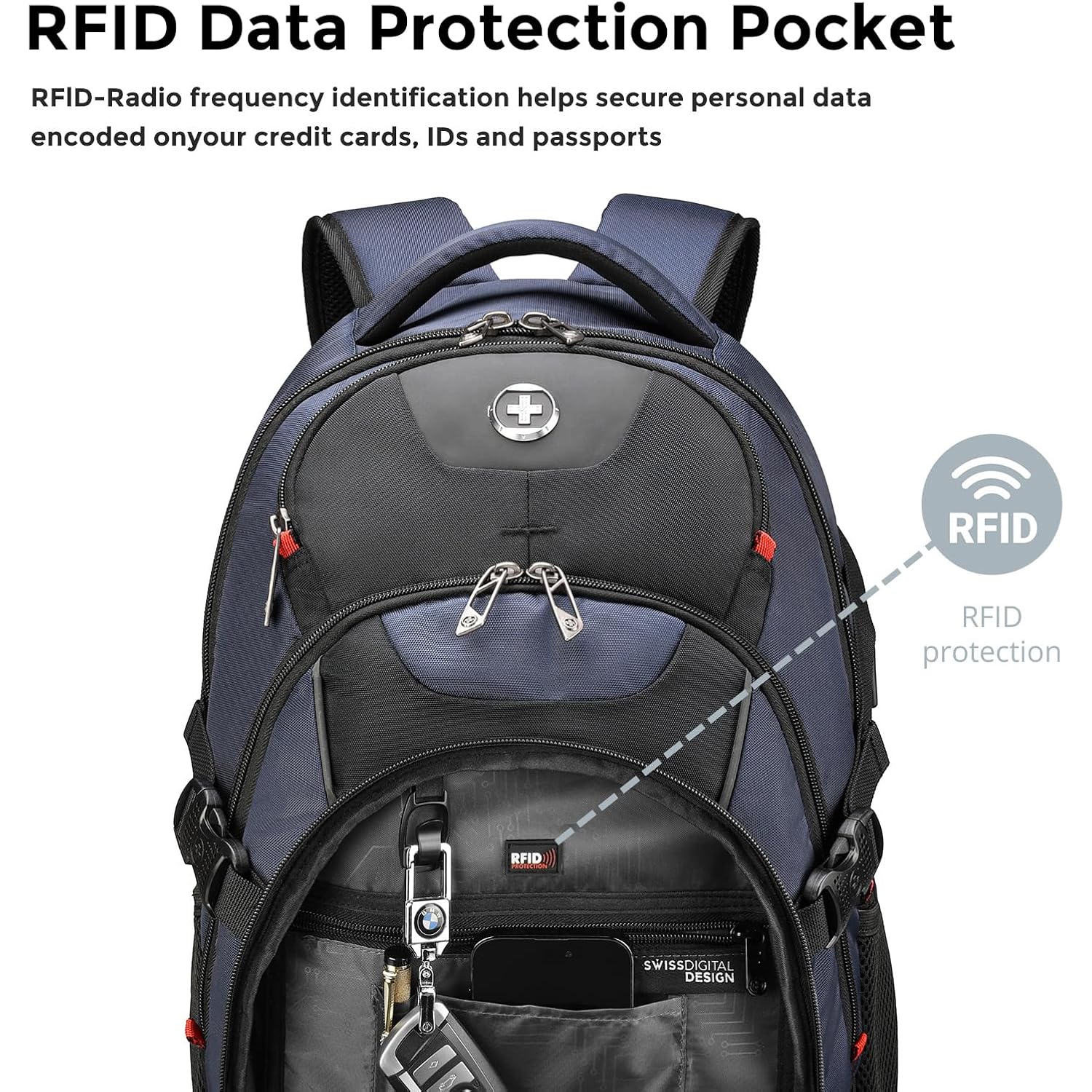 Swissdigital Design Laptop Backpack With Usb Charging Port, Travel Backpack Fits 15.6 Inches Computer, 31L College School Backpack For Men, Blue/Black | Sd803-12
