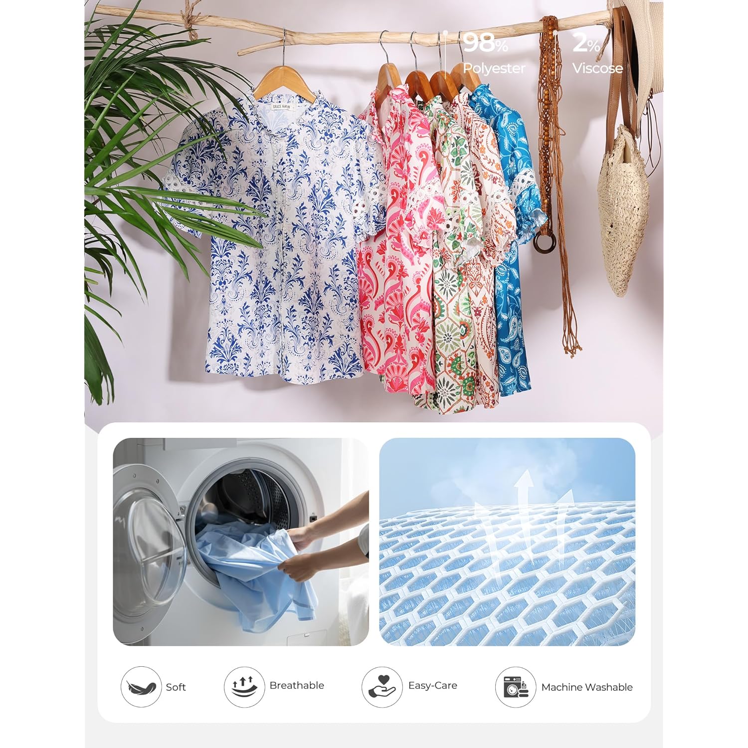 Women Boho Floral Tops, Summer Short Eyelet Sleeve Dressy Casual Shirts, Spring Button Down Blouse 2026 Trendy