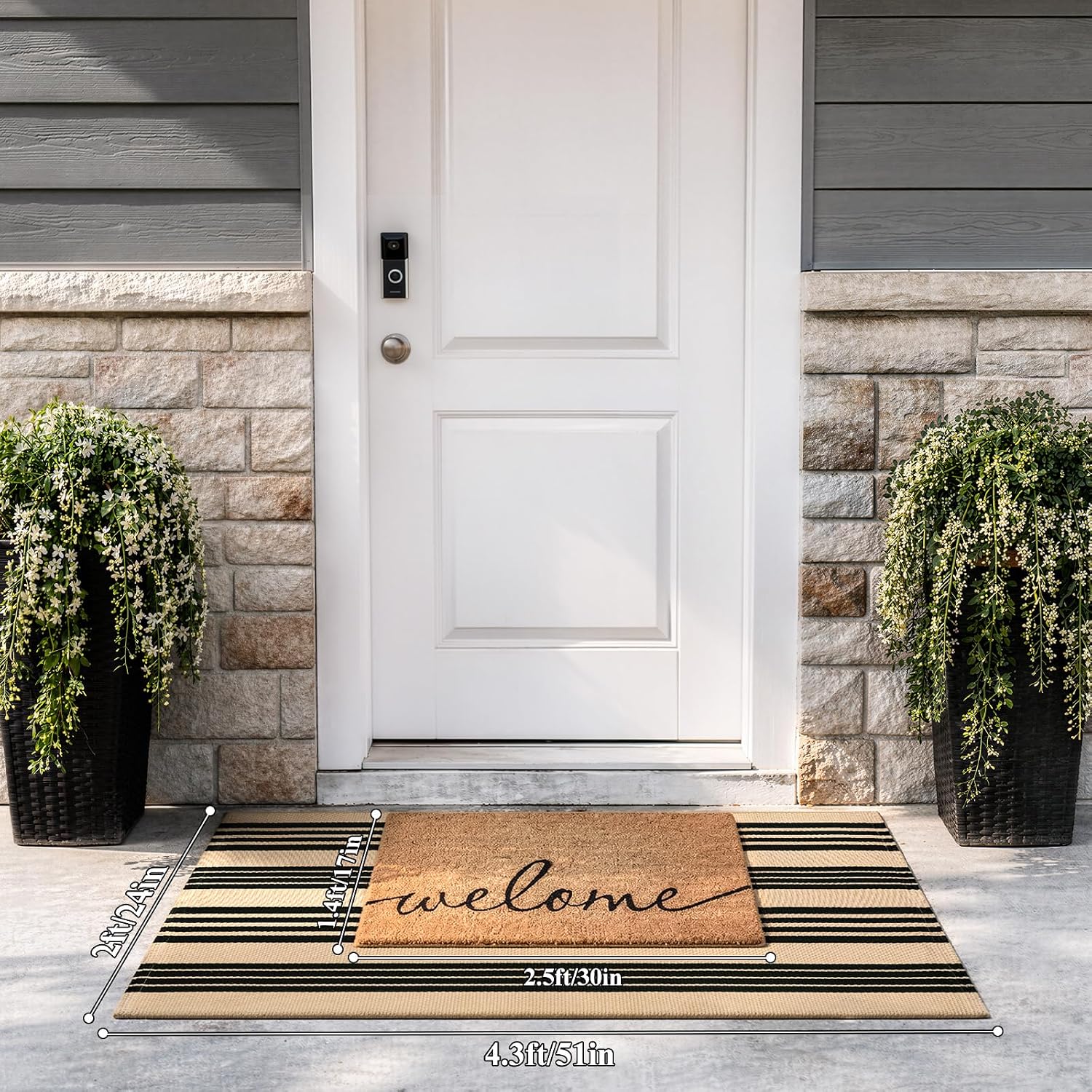 Striped Outdoor Front Door Mat 24"X51", Cotton Hand Woven Washable Black And Khaki Rug Runner, Reversible Foldable Indoor Layered Front Door Rugs For Entryway/Farmhouse/Home Entrance