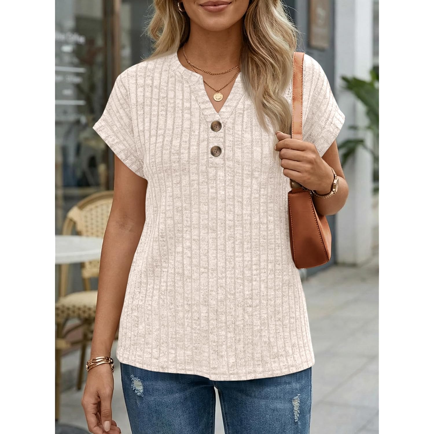 Womens Spring Top Summer Short Sleeve T Shirt Business Dressy Casual Blouse Henley V Neck Sweater Loose Fit Tee Tunic