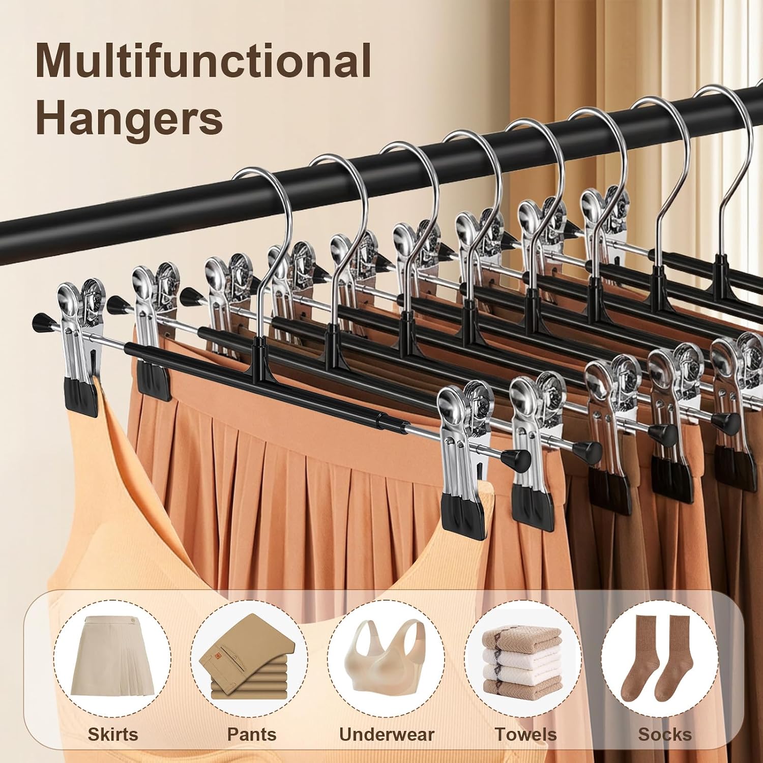 Pozean Pants Hangers With Clips For Women 30 Pack, 12Inch Adjustable Heavy Duty Skirt Hangers, Space Saving Non-Slip Shorts Jeans Trousers Clothes Hangers, Black