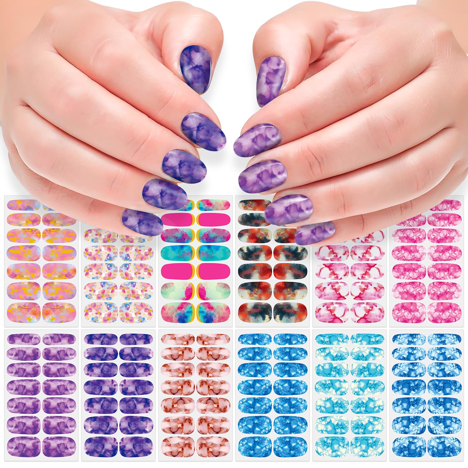12 Sheets Iridescent Marble Nail Polish Stickers Full Nail Wraps for Women, Blue, Acrylic, Modern Style, Nail Art Stickers and Decals, Glossy Finish, 168 Pieces