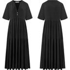 R.Vivimos Womens Summer Cotton Flowy Maxi Dress Short Sleeve V Neck Empire Waist Boho Tiered Ruffle Casual Loose Long Dresses