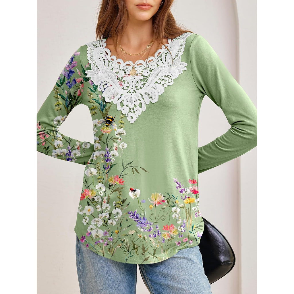 Anrabess Women'S Lace Front Long Sleeve Tunic Tops | Scalloped V Neck Floral Print Shirts, Soft Regular Fit Blouses, Business Office Travel Outfits, Dressy Casual, Fall & Winter