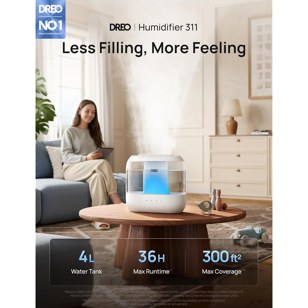 Dreo 4L Humidifiers For Bedroom, 36H Runtime, 28 Db Quiet, Hm311 | Easy To Refill & Clean, Bpa-Free, Nightlight, Supersized Air Humidifiers For Large Room, Baby Nurseries, Plants, Indoor