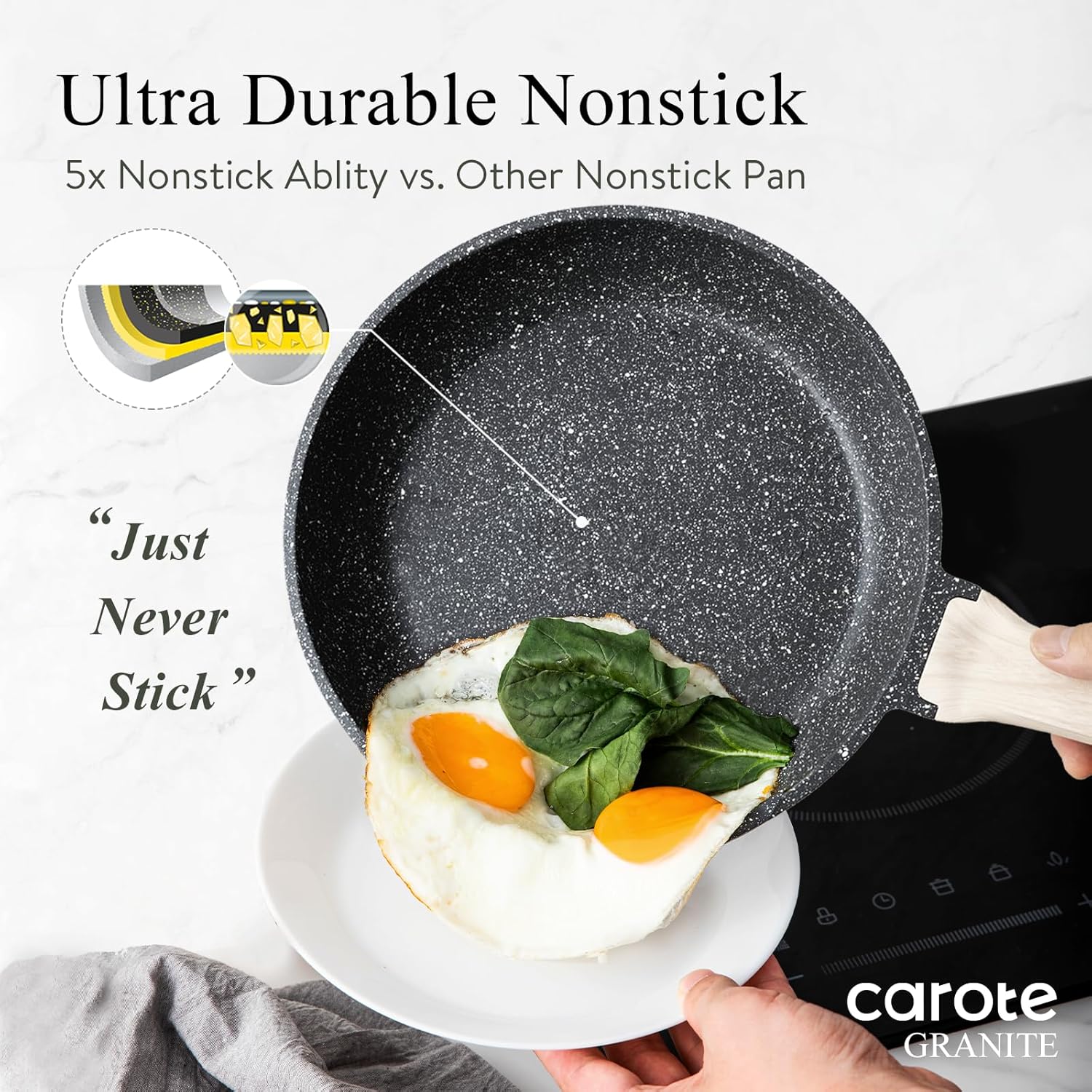 CAROTE Non Stick Frying Pan Skillet, Nonstick Granite Fry Pan with Glass Lid, Egg Pan Omelet Pans, Stone Cookware Chef's Pan, PFOA Free (Classic Granite, 10-Inch)