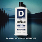 Duke Cannon Supply Co. Thick High Viscosity Body Wash - 3X Thicker, Cleansing Shower And Bath Gel, Mineral-Enriched Body Wash For Men - Sandalwood + Lavender - Mens Body Scrub - Midnight Swim (18 Oz)