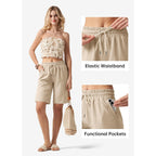 Women's Linen Shorts Casual Bermuda Long Linen Shorts High Waisted Comfy Summer with Pockets 5" 10"