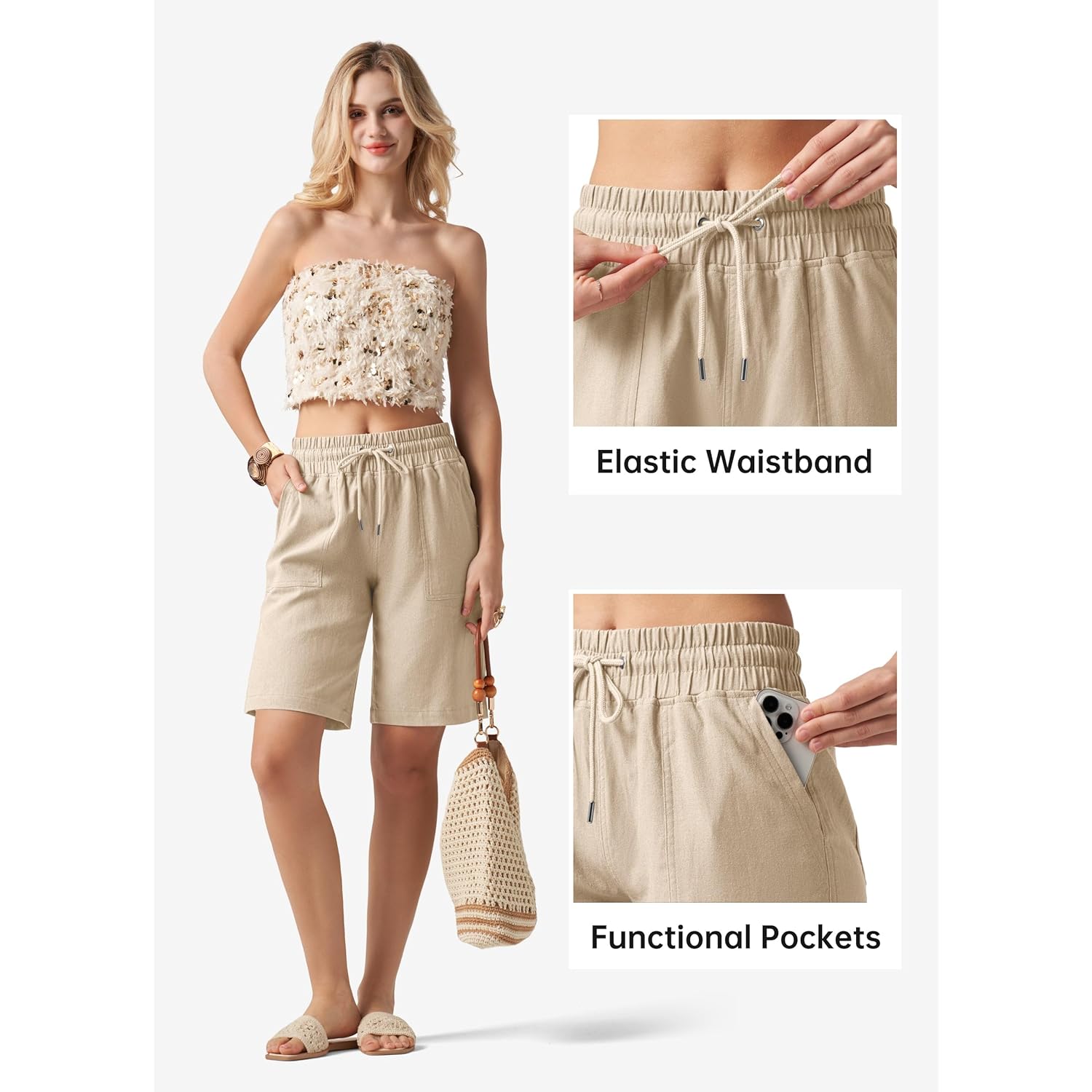 Women's Linen Shorts Casual Bermuda Long Linen Shorts High Waisted Comfy Summer with Pockets 5" 10"