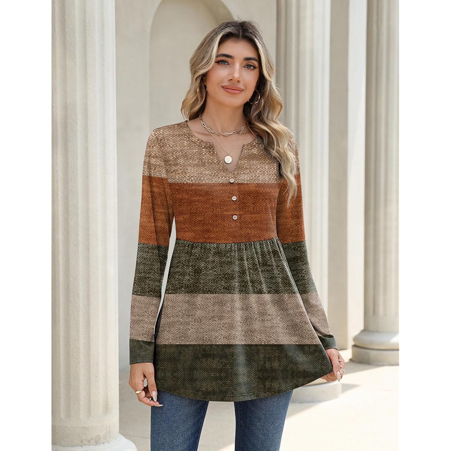 Zeagoo Women Blouses Long Sleeve Shirts Boho Henley V Neck Tops Business Casual Loose Pleated Fashion Clothing