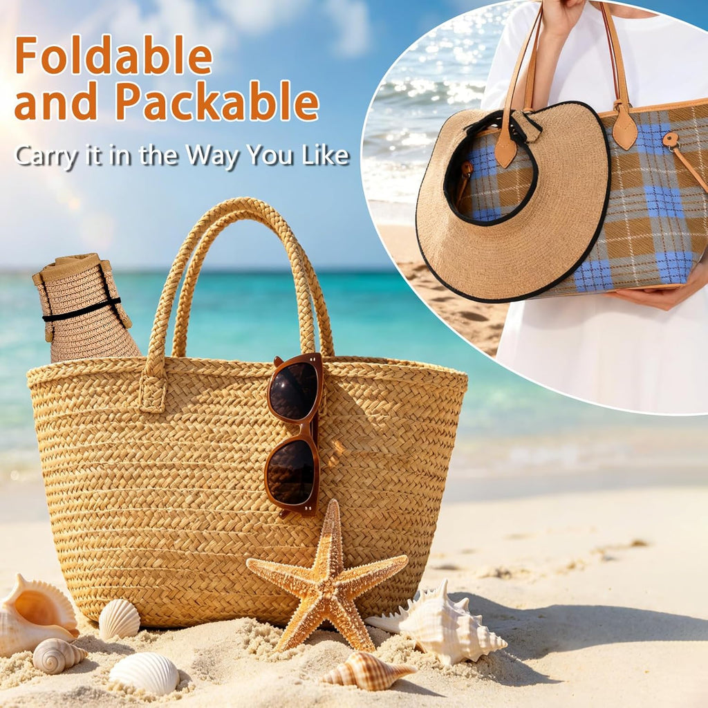 Sun Hats Visor for Women, UV UPF Straw Beach Hat Foldable Wide Brim Ponytail Summer Hats Packable Travel