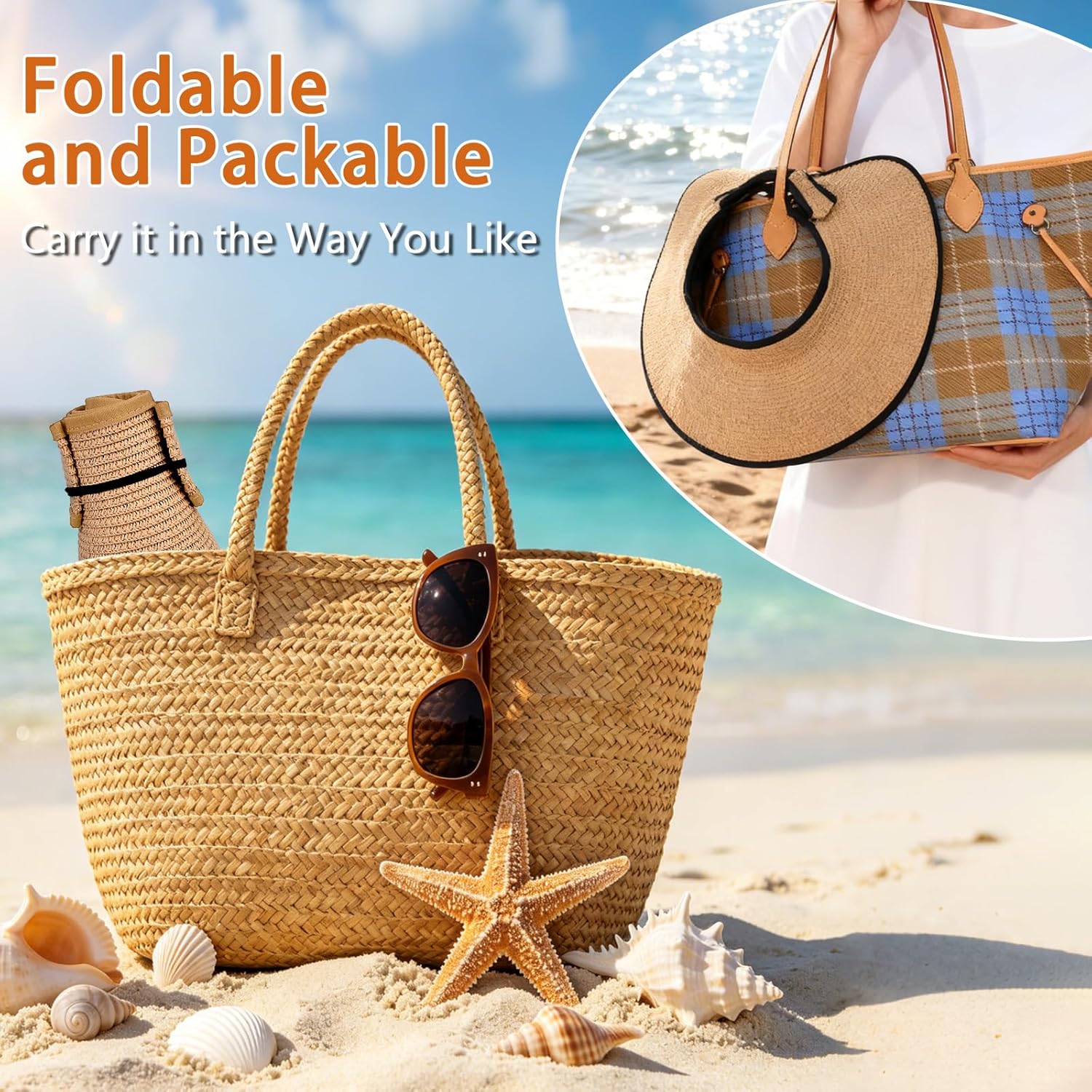 Sun Hats Visor for Women, UV UPF Straw Beach Hat Foldable Wide Brim Ponytail Summer Hats Packable Travel