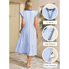 Dokotoo Womens Dresses 2026 Summer V-Neck Ruffle Cap Sleeve Empire Waist Flowy Striped Beach Midi Maxi Dress With Pockets