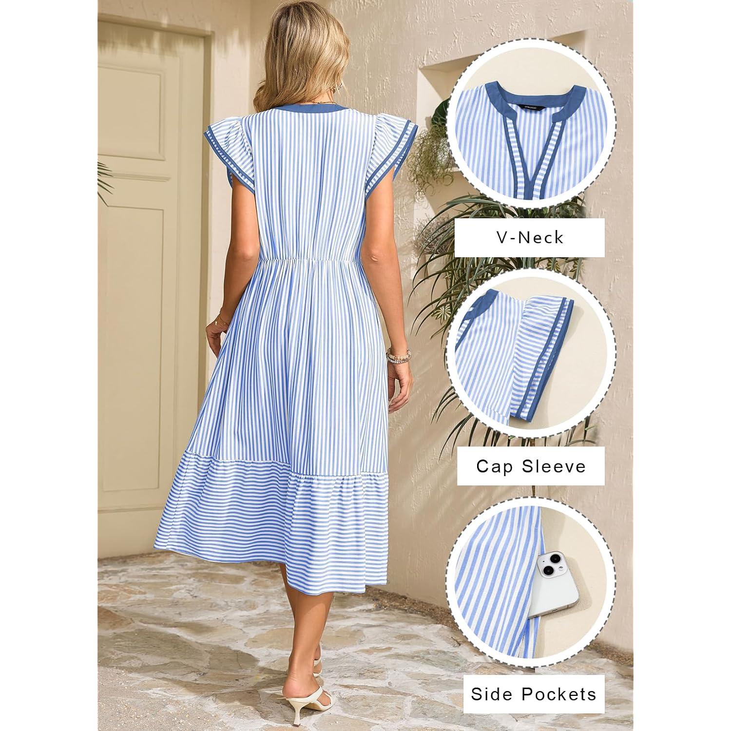 Dokotoo Womens Dresses 2026 Summer V-Neck Ruffle Cap Sleeve Empire Waist Flowy Striped Beach Midi Maxi Dress With Pockets