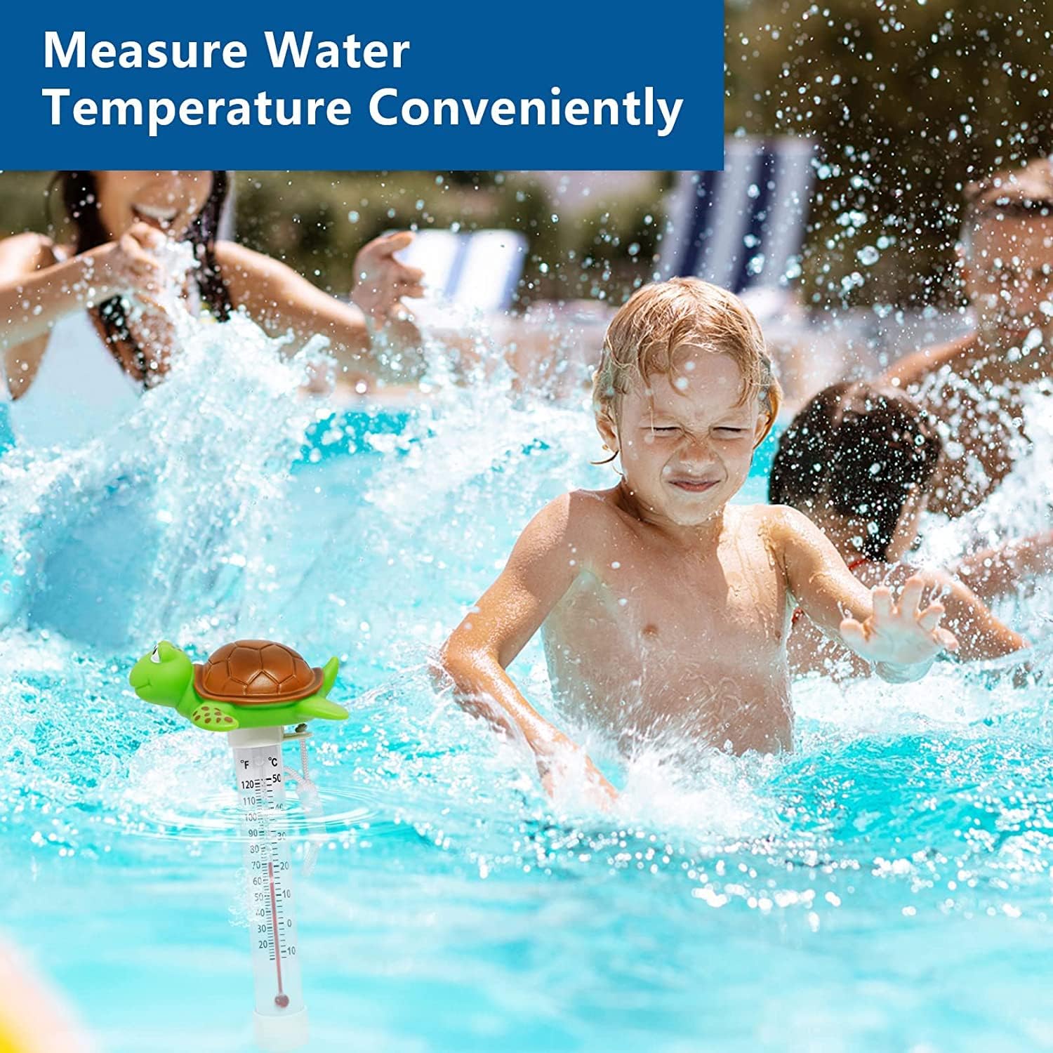 Floating Pool Thermometer, Large Display With String Easy To Read, Shatter Resistant, For Outdoor & Indoor Swimming Pools, Spas, Hot Tubs & Aquariums (Turtle)