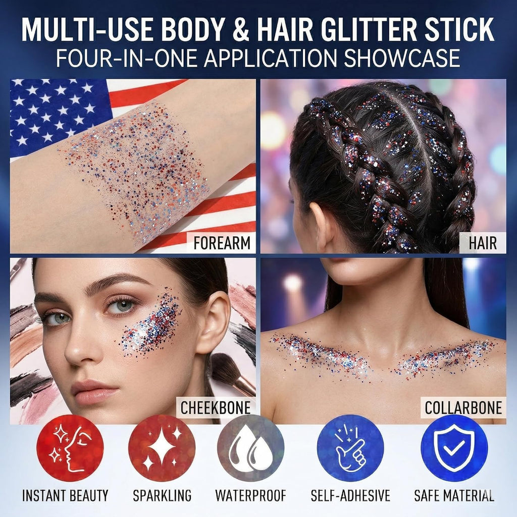Ucanbe Red White Blue Body Glitter Stick For Fourth Of July Singer Concerts Music Festivals, Face Glitter Makeup For Face Body Hair Eyes & Lips, Chunky Glitter For Women 1.2Oz