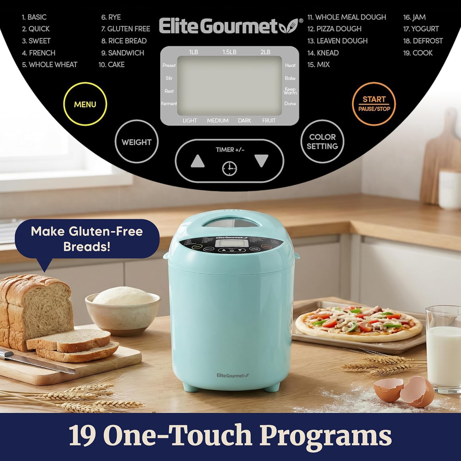 Elite Gourmet Programmable Bread Maker, 2 lb Loaf, 3 Sizes, 19 Presets incl. Gluten-Free, Dough & Jam, Delay Timer, Mint