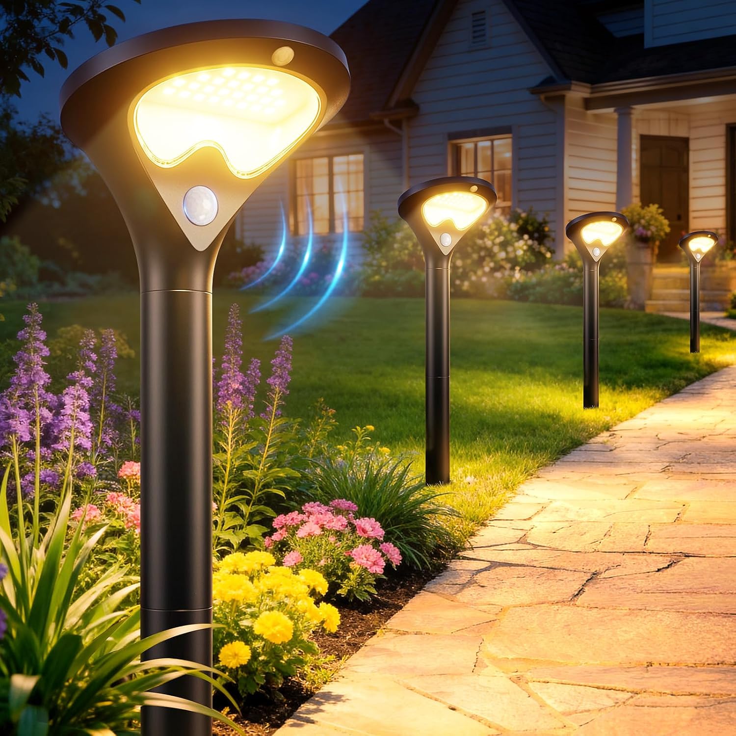 Solar Pathway Lights Outdoor With Motion Sensor, 6 Pack 400Lm Bright Security Solar Lights, 3 Modes Adjustable With Large Glass Solar Panel, Waterproof Path Lights For Yard Patio Walkway