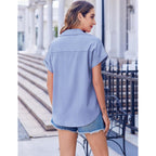 Short Sleeve Summer Tops for Women Casual Button Down Shirts Solid/Striped Business Work Blouses