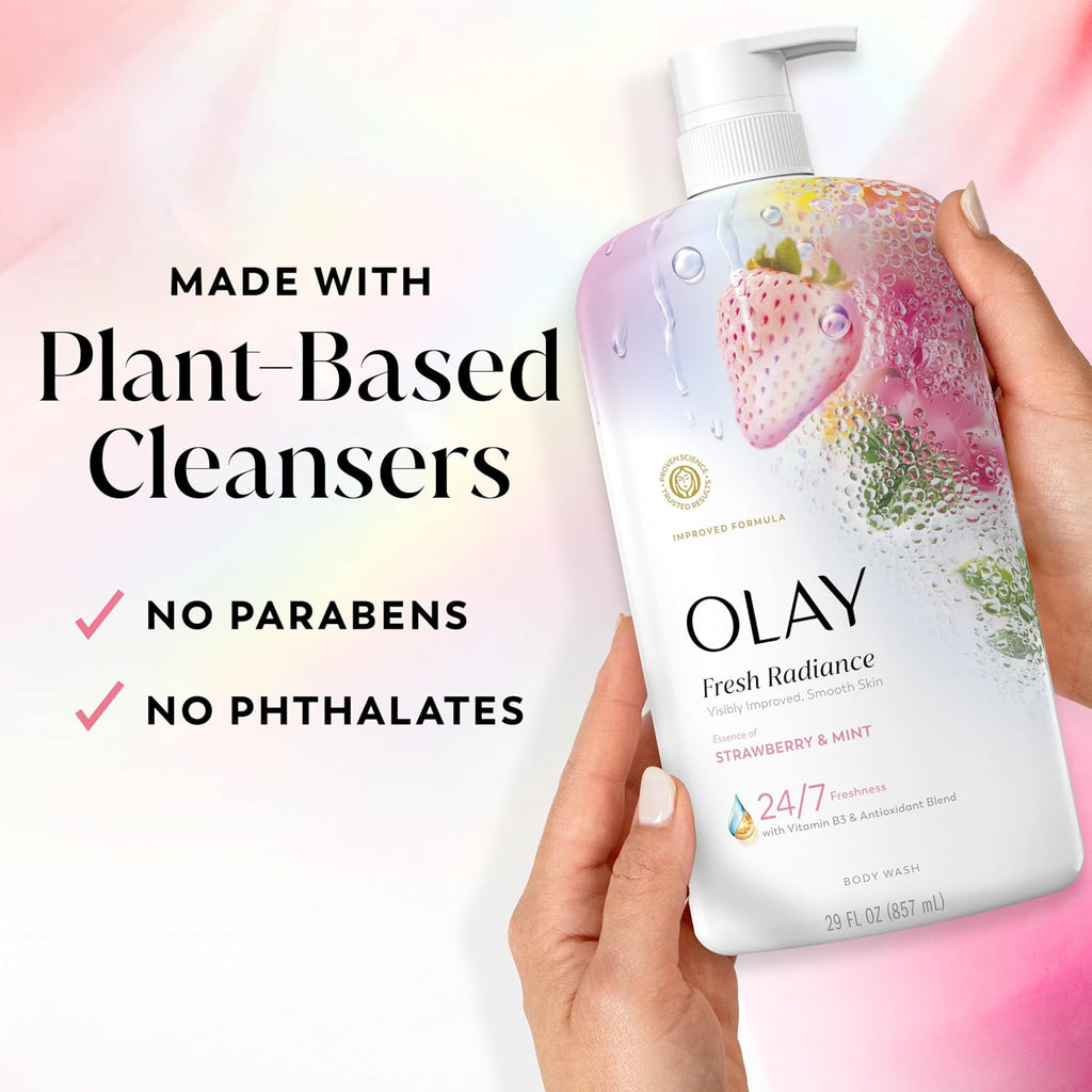 Olay Body Wash For Women, Fresh Radiance, 24/7 Skin-Loving Freshness, Visibly Radiant, Plant Based Cleansers, Vitamin B3 & Antioxidant Blend, For All Skin Types, Strawberry & Mint Scent, 29 Fl Oz