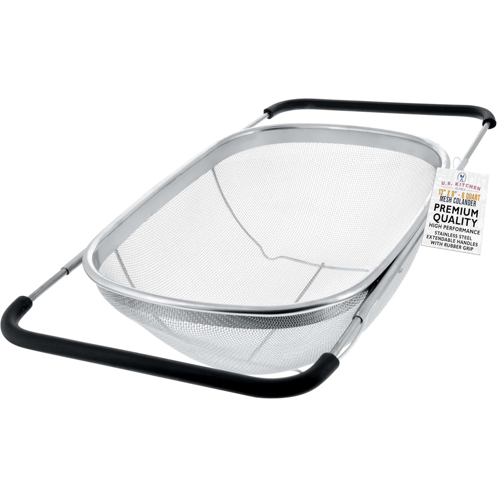 U.S. Kitchen Supply Stainless Steel Colander Strainer - 6-Quart Collapsible Colander With Expandable Rubber Handles - Rectangular Sieve, Fine Mesh Stainless Steel Strainers And Colanders For Kitchen