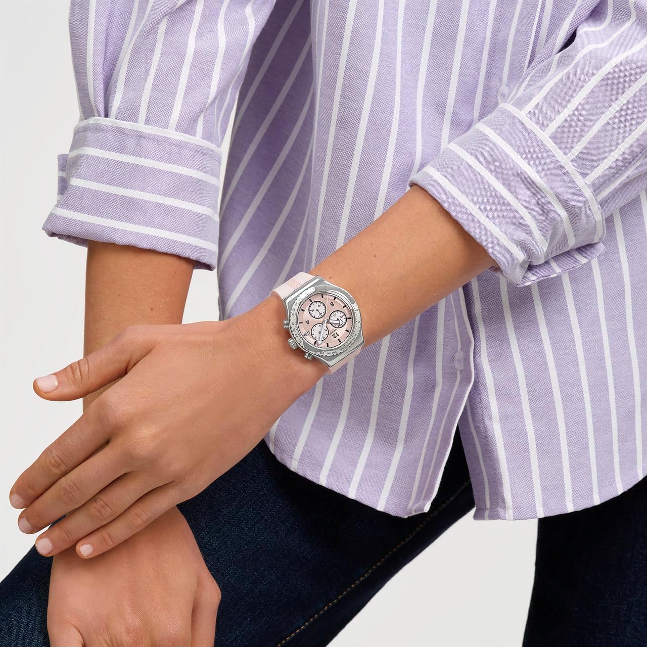 Swatch I New Chrono Unisex Watch Dress Stainless Steel Pink Quartz Waterproof Poppingly Pink