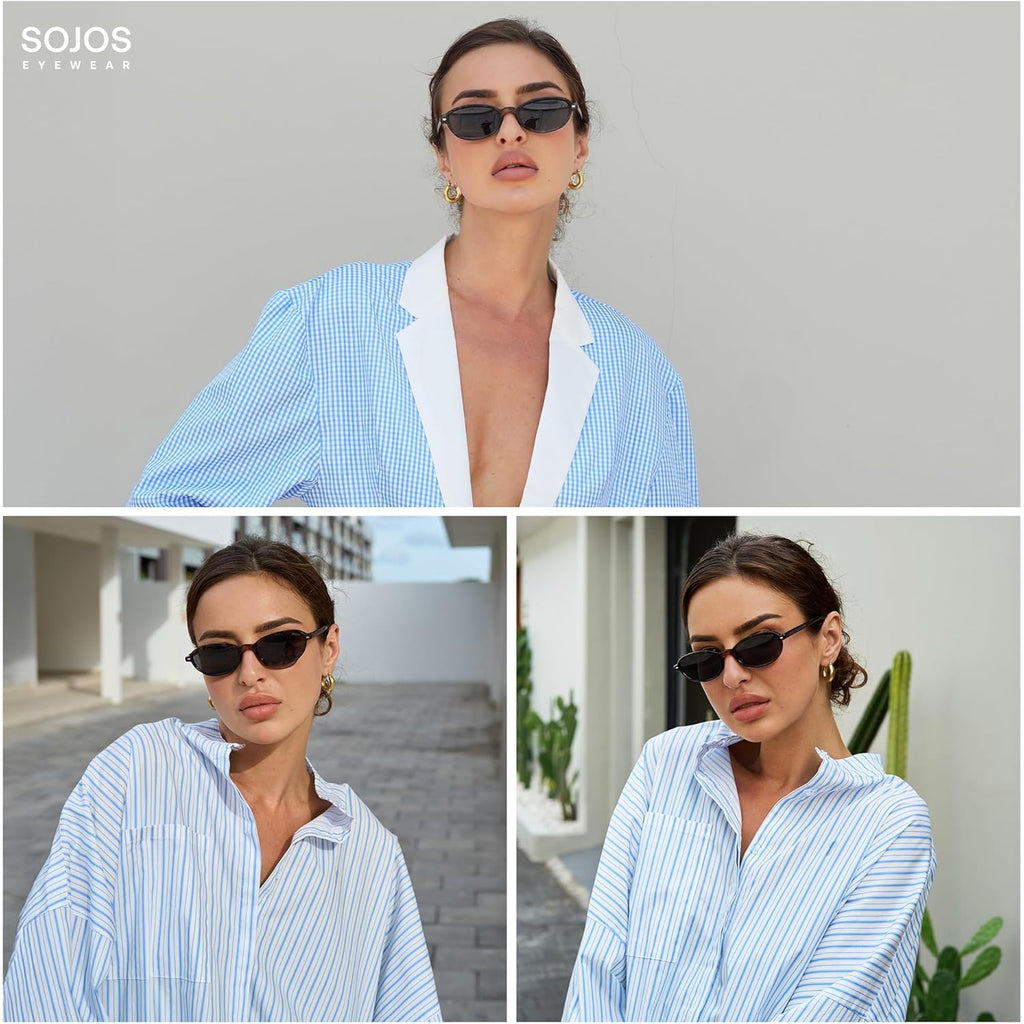 SOJOS Retro Polarized Rectangle Oval Sunglasses for Women Men,Trendy Petite Shades Skinny Rim UV400 Protected SJ2668