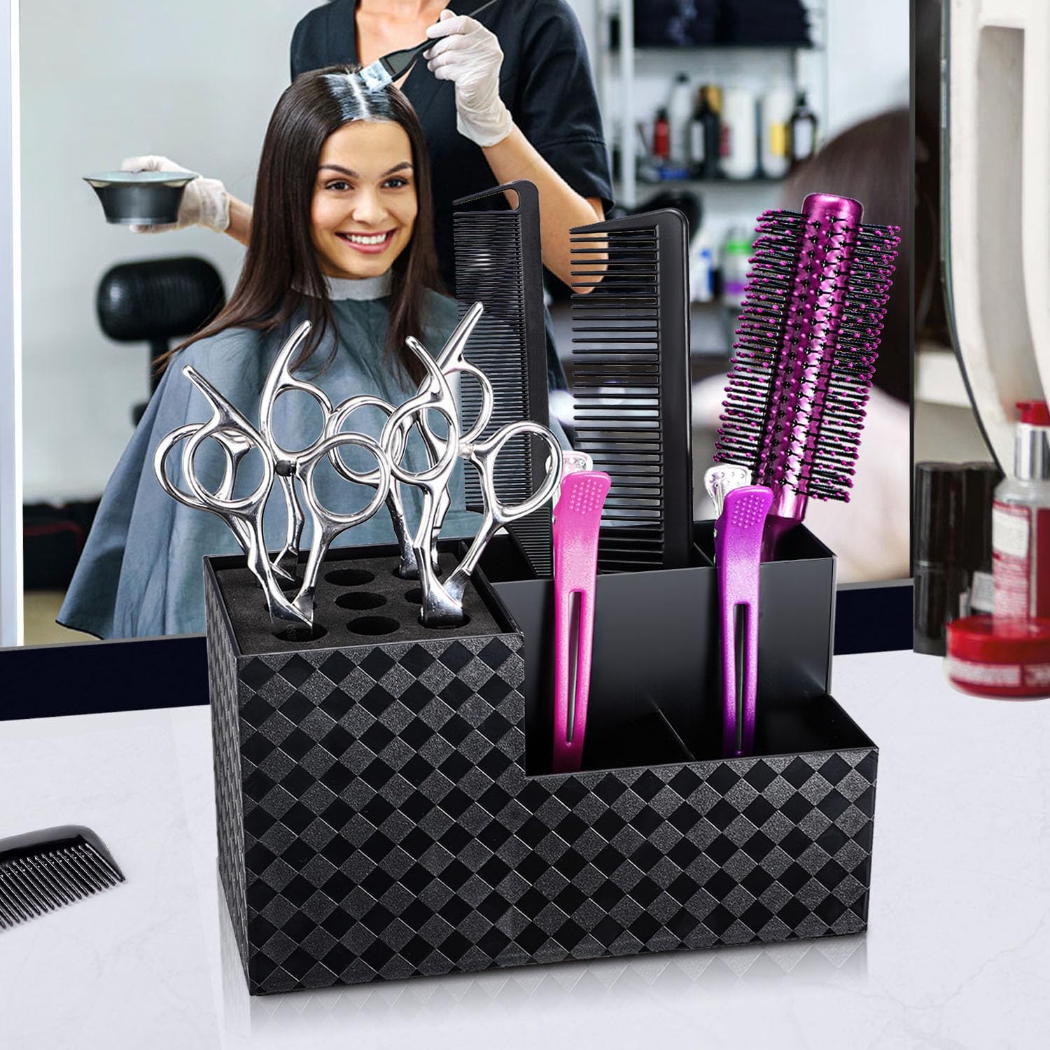 Noverlife Hairdressing Scissors Holder Shears Block, Barber Shop Scissor Organizer Stand, Hairdressing Tools Storage Box For Hairstyling Combs Clips Brushes, Salon Barber Scissor Holder Rack